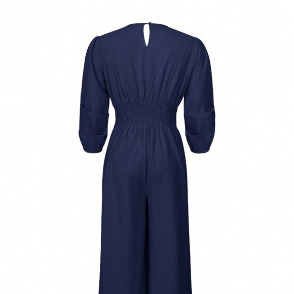 Navy Blue Elegant Women's Solid Color Lantern Sleeve Jumpsuit - Picture 3 of 9